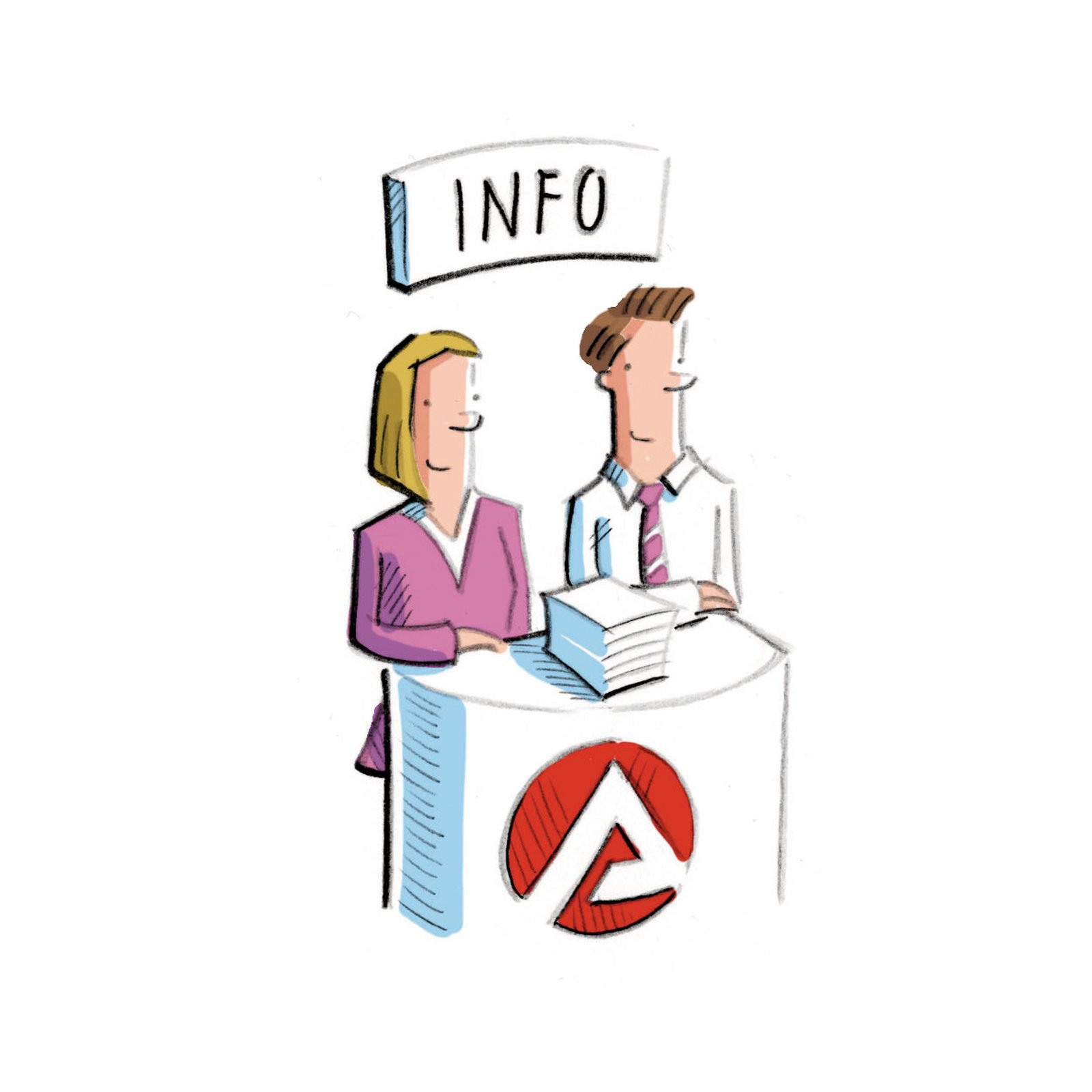 Zeichnung eines Infostandes im Jobcenter