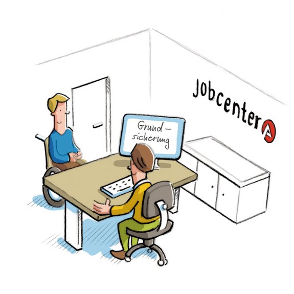Zeichnung eines Gesprächs im Jobcenter