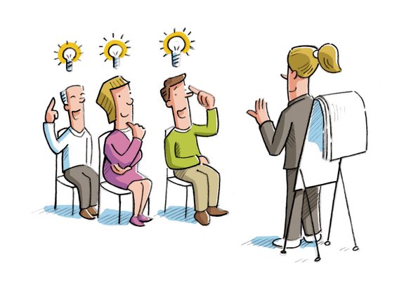 Zeichnung einer Dozentin vor ihren Kursteilnehmern